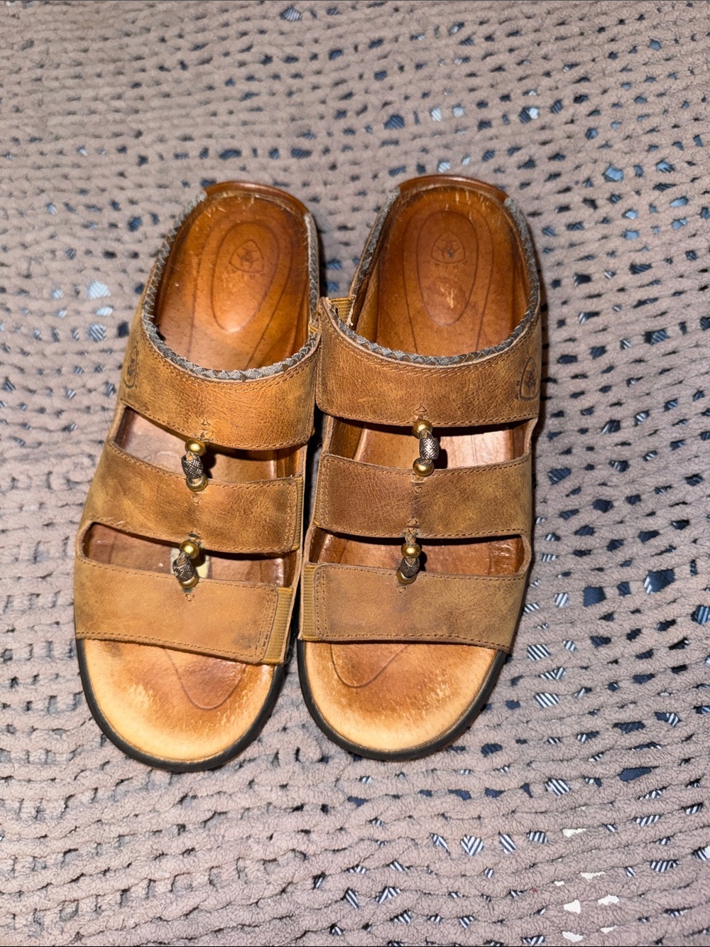 Ariat Brown Triple-Strap Leather Slide Sandals with Brass Accents 9B
